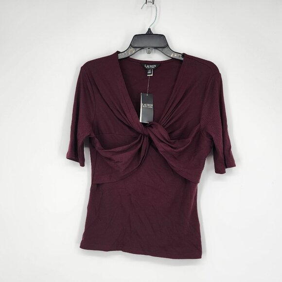 LAUREN Ralph Lauren Twist-Front Rib-Knit Cotton-blend Tee Vintage Burgundy L NWT - Picture 2 of 3